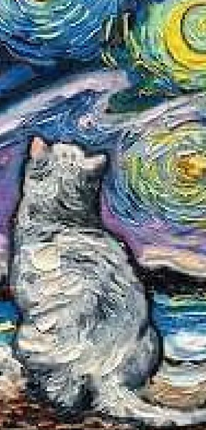 Artistic wallpaper with a cat under a starry sky in vivid colors.