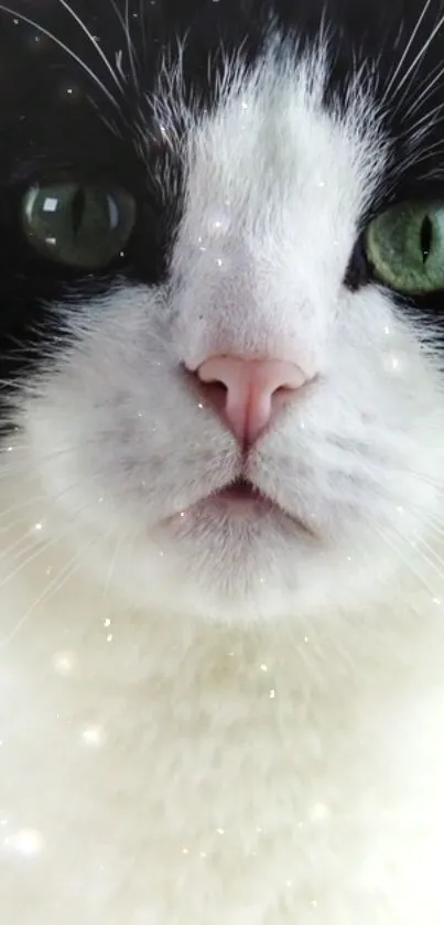 Close-up of a cat with green eyes and sparkly aura.