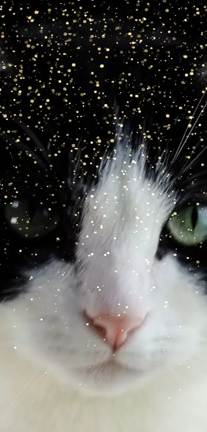 Close-up of a black and white cat's face with a starry, golden overlay.