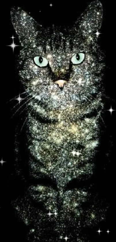 A cosmic cat adorned with stars against a black background.