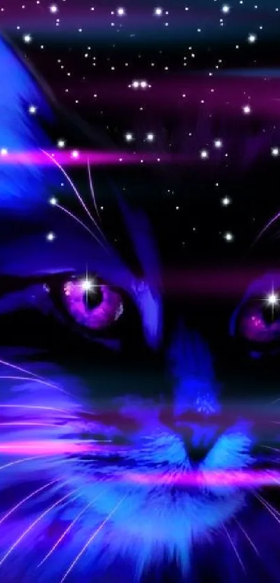 A glowing purple cat surrounded by stars in a galaxy-themed wallpaper.