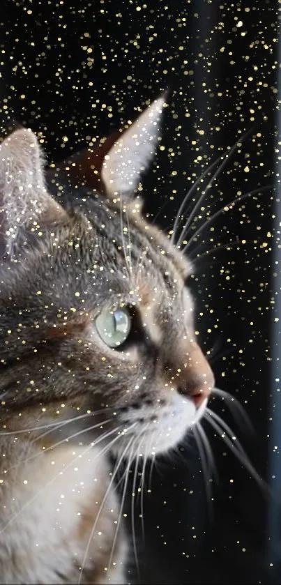 Cat with golden sparkles in a dark background wallpaper.