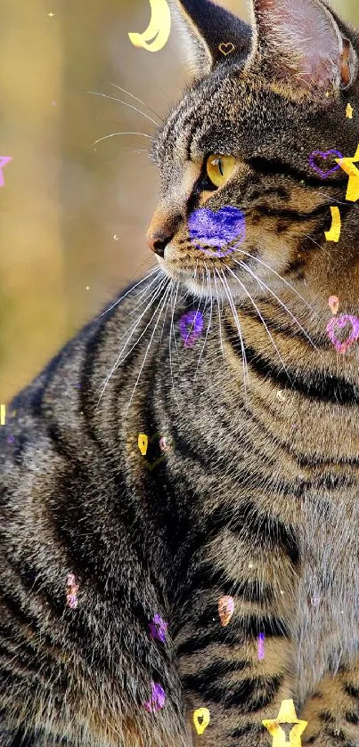 Cat adorned with colorful stars and moons on a whimsical mobile wallpaper.