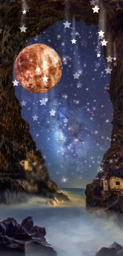 Starry cave with moonlit cosmic sky and rocky textures in a magical wallpaper.