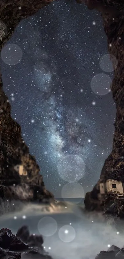 Milky Way galaxy visible through cave under a starry night sky.