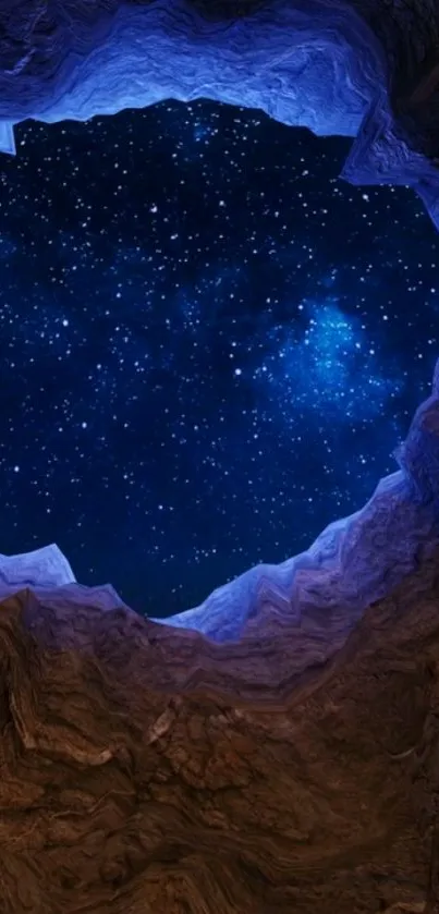 Starry night sky seen through a cave opening, creating a serene view.