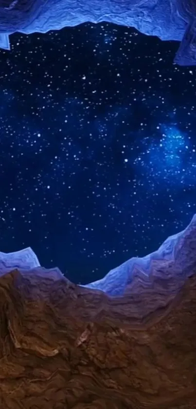 Starry sky through cave opening wallpaper.