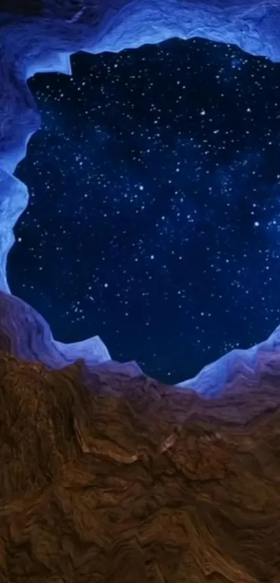 Mobile wallpaper of a starry sky seen through a rocky cave opening.