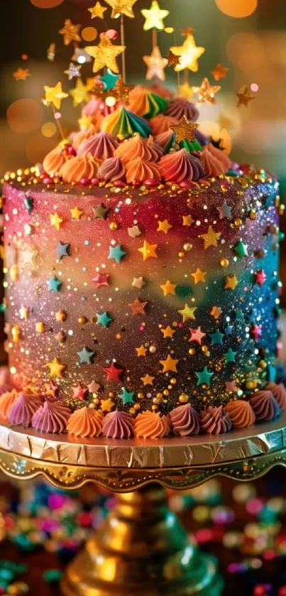 Colorful star-decorated cake on stand.