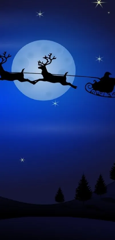 Starry night with Santa's sleigh and reindeer silhouetted against the moon.