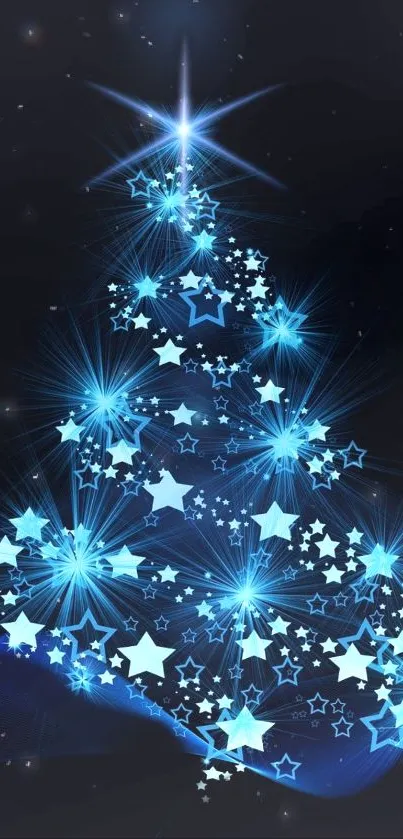 Starry Christmas tree with blue illuminating stars.