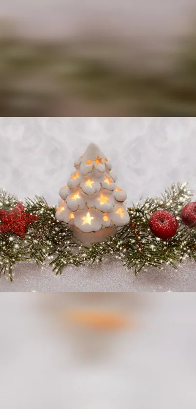 Starry Christmas tree with festive foliage and ornaments.