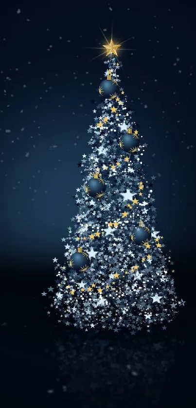 A luminous Christmas tree with stars in a dark night sky.