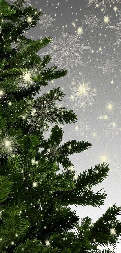 A vibrant Christmas tree with sparkling lights on a snowy background.