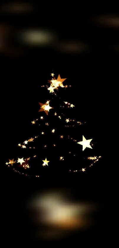 Glowing starry Christmas tree on black background mobile wallpaper.