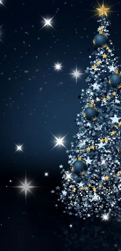 Starry Christmas tree with ornaments on a dark blue background.