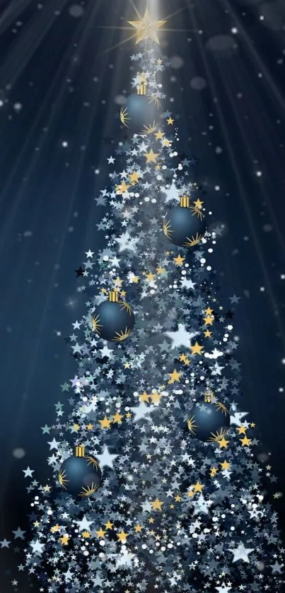 Beautiful Christmas tree with stars and dark blue background.