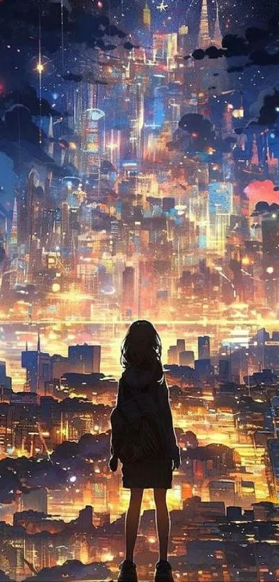 Silhouette of a child gazing at a vibrant starry city nightscape.