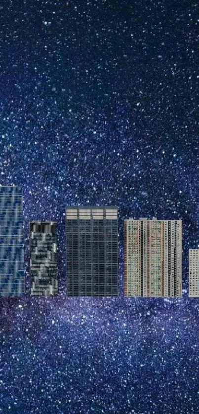 Starry city skyline wallpaper with night sky.