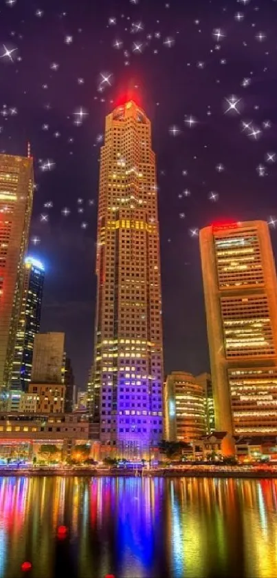 Starry night cityscape with glowing skyscrapers and reflections.