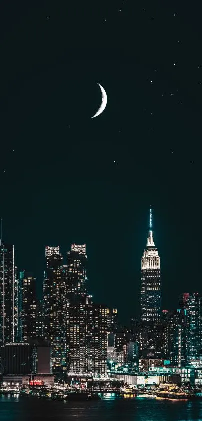 Cityscape at night with a crescent moon and stars in the sky.