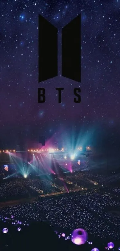 BTS concert wallpaper with starry night sky and vibrant lights.