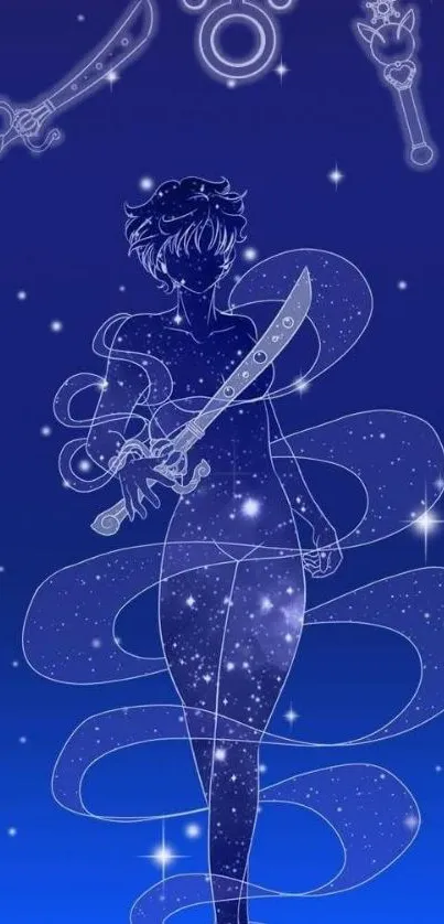 Anime silhouette in starry cosmic setting on mobile wallpaper.