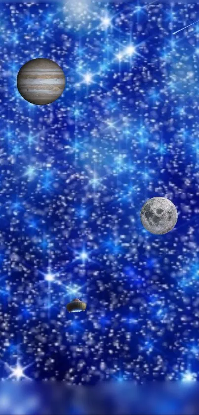 Mobile wallpaper of a starry galaxy with planets in a blue cosmic background.