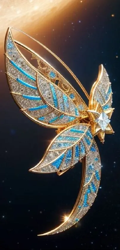 Jewel-like design with stars in cosmic setting.