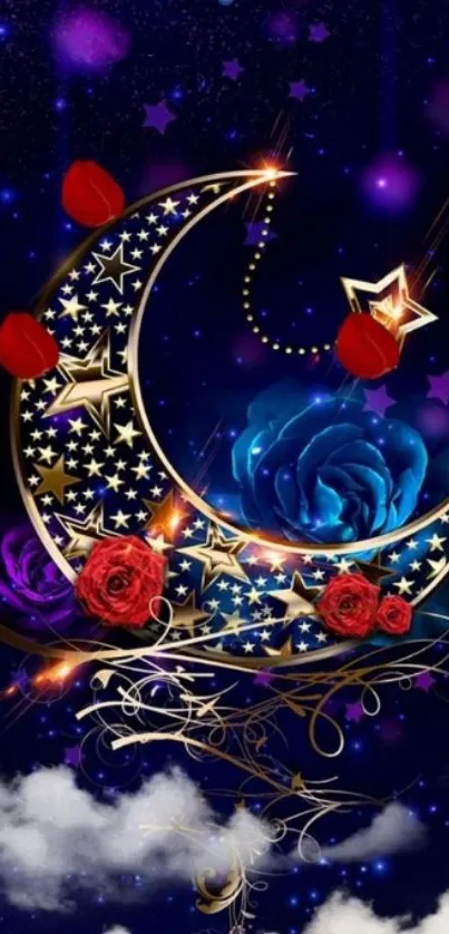 Starry crescent moon with golden stars and roses on a dark blue background.