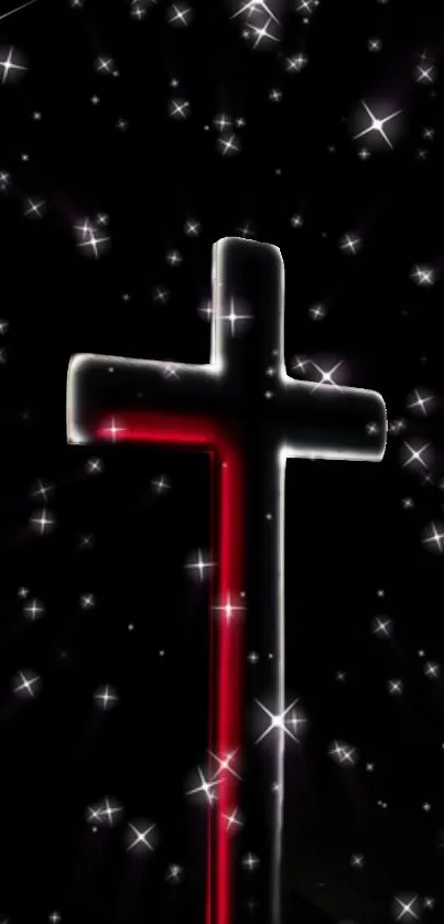 Glowing cross amidst starry night background.