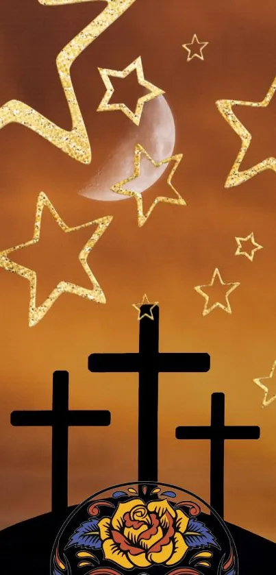 Wallpaper with golden stars and crosses on an orange twilight sky.