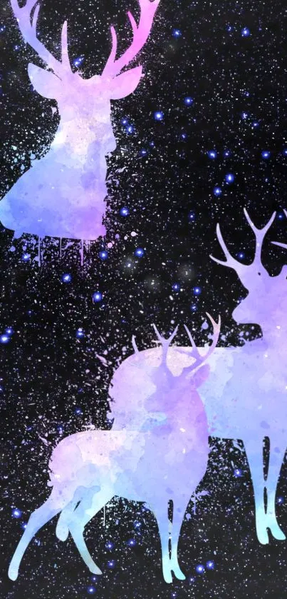 Cosmic deer silhouettes against a starry galaxy background with pastel tones.