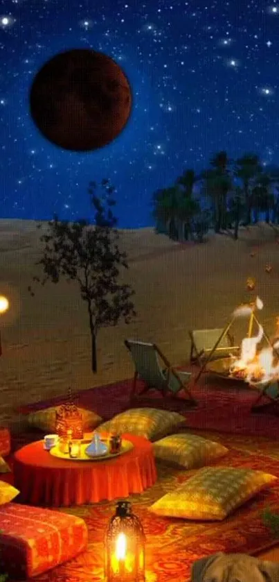 Desert night scene with starry sky, campfire, and cozy setup.