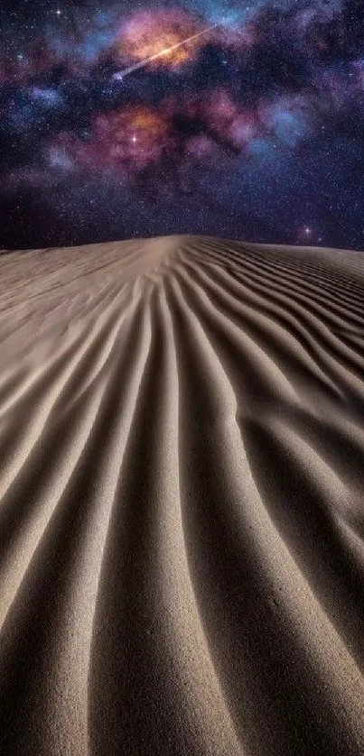 A starry night over desert sand dunes with a vibrant galaxy above.