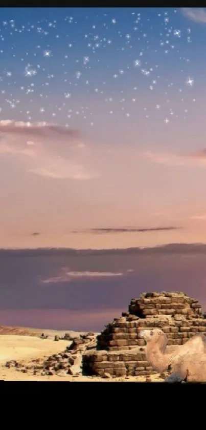 Desert scene with pyramids and starry night sky for mobile wallpaper.