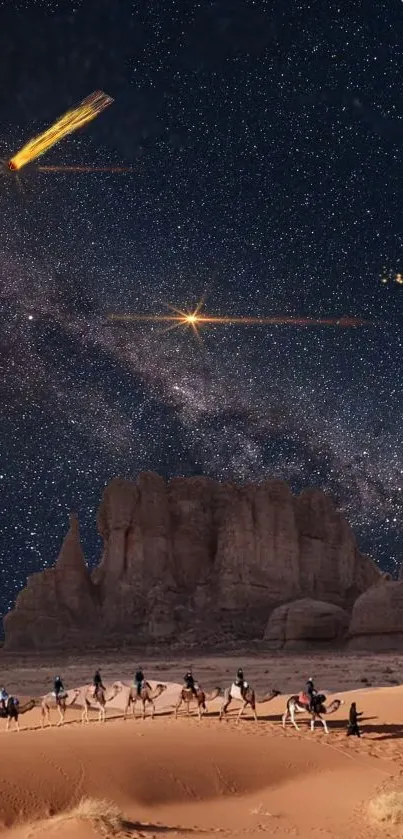 Camels trek through a starry desert landscape under a glowing night sky.