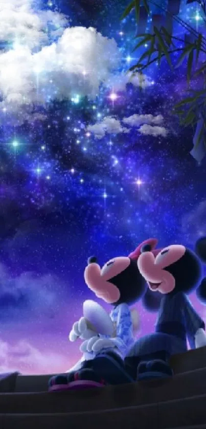 Disney night scene with stars and characters on phone wallpaper.