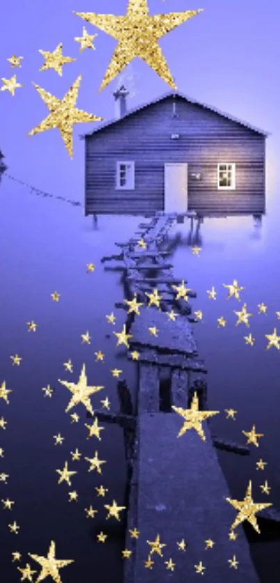 Mystical night scene with stars and dock leading to a cozy house.