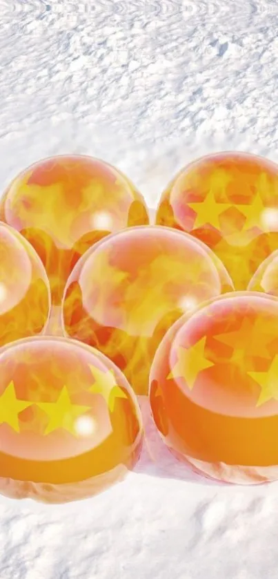 Six orange dragon balls with stars on snow.