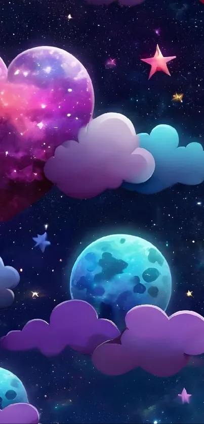 Whimsical starry sky with clouds and celestial bodies in a colorful design.