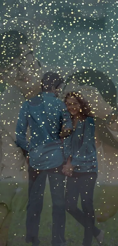 Romantic couple with starry overlay design.