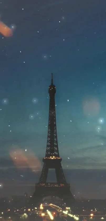 Starry night view of Eiffel Tower silhouette with city lights.