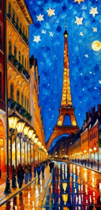 Starry night in Paris with Eiffel Tower and vibrant reflections.