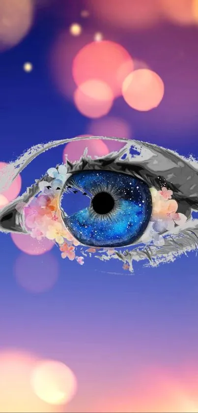 Artistic eye with starry sky on a vibrant bokeh background.