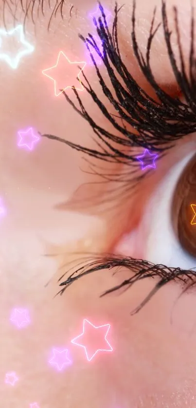 Close-up of an eye with colorful glowing stars.