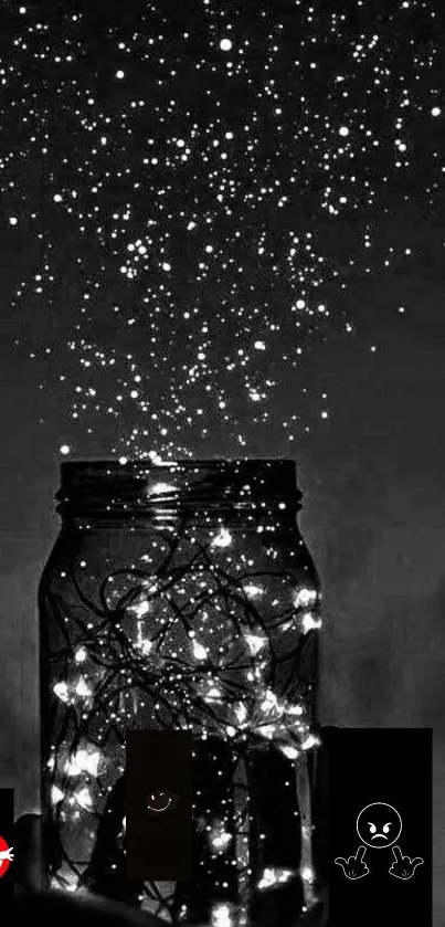 A jar of fairy lights with stars on a black background.