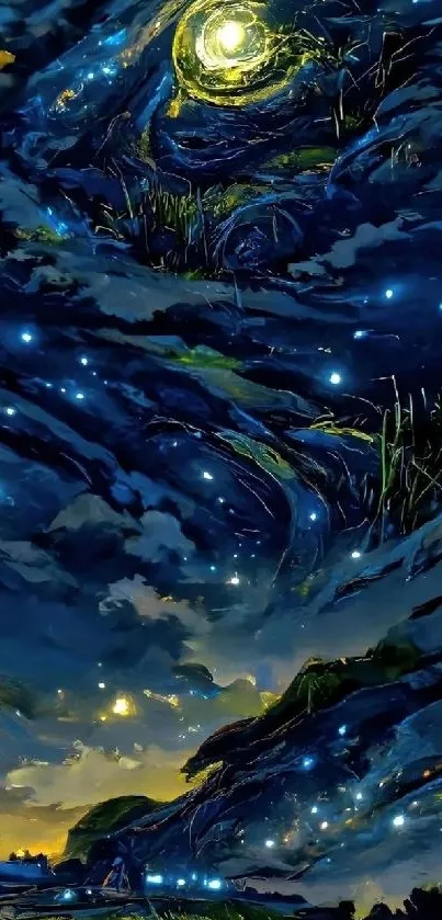 Fantasy night sky with swirling stars in blue hues, perfect for mobile wallpaper.