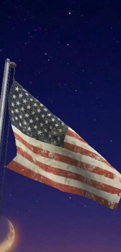 American flag against a starry night sky with a crescent moon.