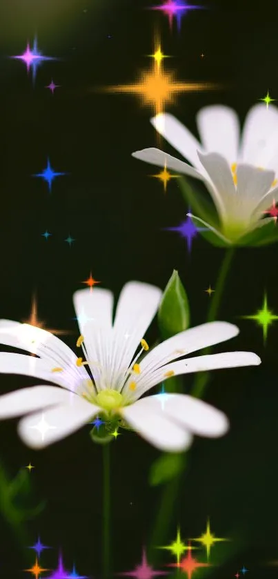 White flowers with colorful sparkles on a dark background.